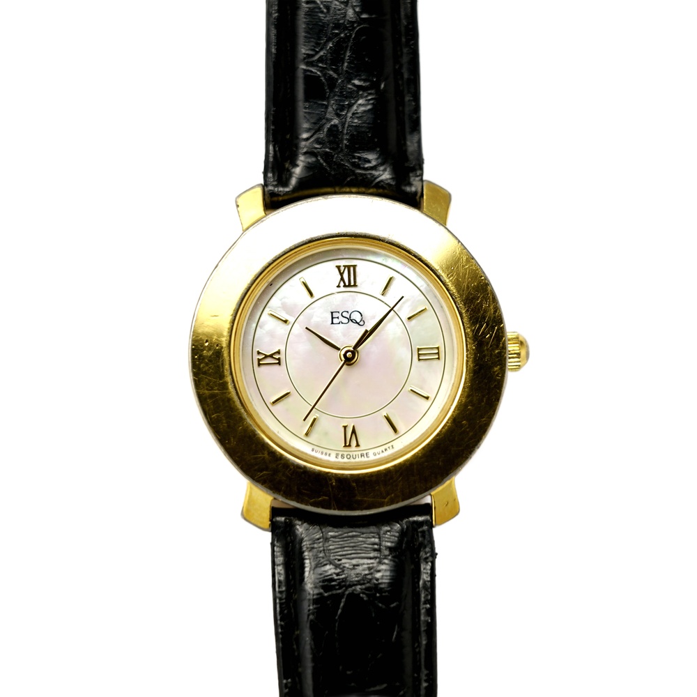 ESQ by Movado Vintage Ladies Gold Plated Watch Black Genuine Leather Swiss 28mm